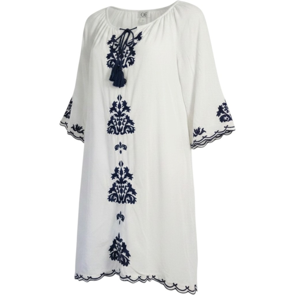 Chic Connection White Navy Embroidered Boho Tunic Dress Small Bell Sleeve Tassel